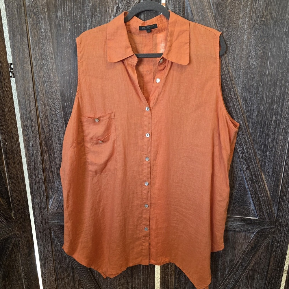For Cynthia Linen Shirt Women's Size 2X Orange Sleeveless Tunic Button Up Linen‎